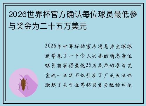 2026世界杯官方确认每位球员最低参与奖金为二十五万美元