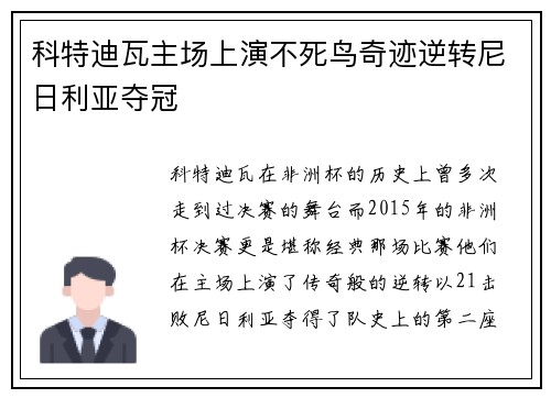 科特迪瓦主场上演不死鸟奇迹逆转尼日利亚夺冠